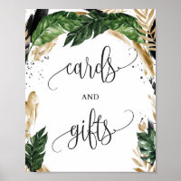 Verdor hojas tropicales tarjetas de oro y señaliza