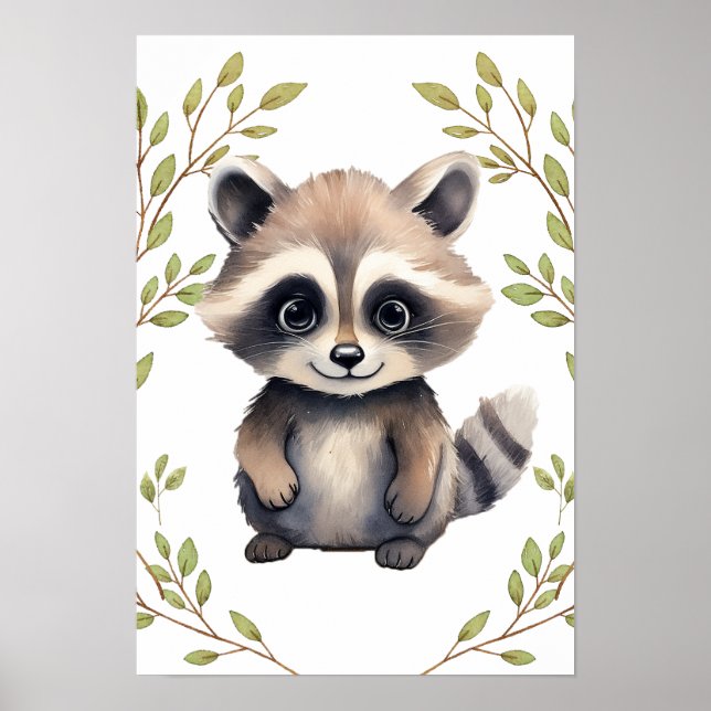 Póster Verdor Raccoon Woodland Animales Nursery (Frente)