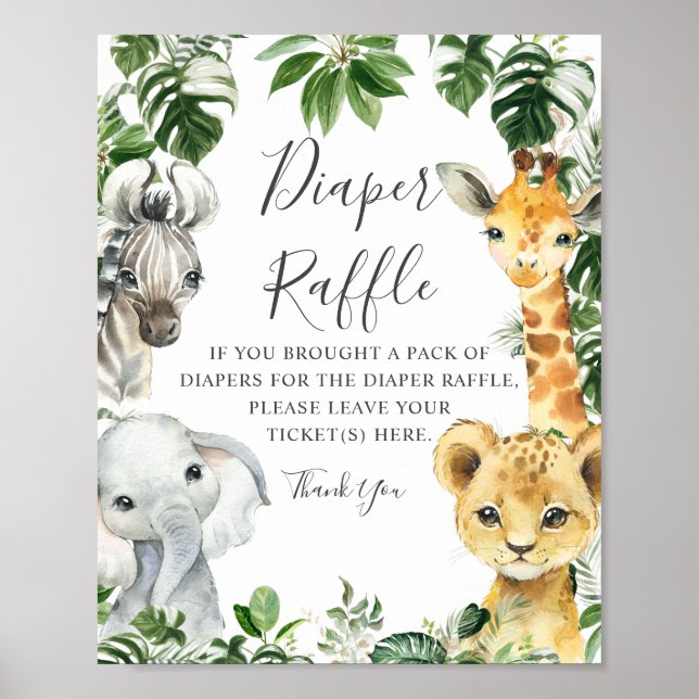 Póster Verdor Selva Safari Animales Diaper Raffle Rótulo (Frente)