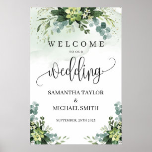Póster Verdor suculento boda poster de señas de bienvenid