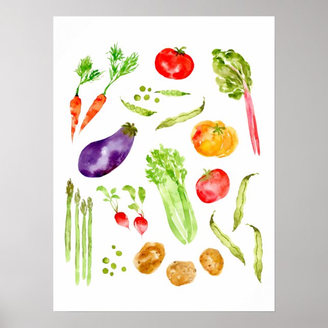 Póster Verduras divertidas coloridas cocina acuarela (Frente)