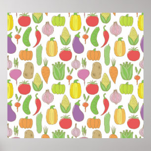 Póster Verduras hechas a mano, fondo de doodle vintage.