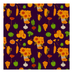 Póster Verduras Y Frutos De Cosecha Saludables De Otoño A