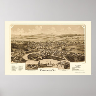 Póster Vergennes, mapa panorámico del VT - 1890