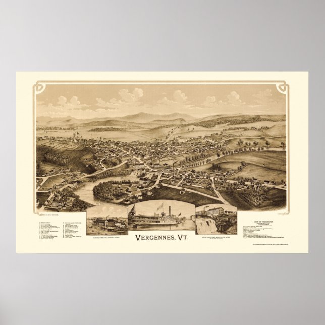 Póster Vergennes, VT Panoramic Map - 1890 (Frente)