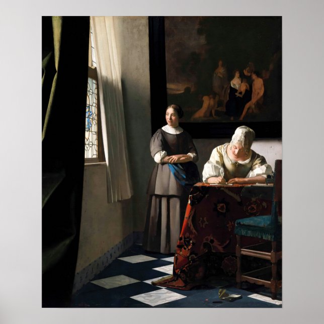 Póster Vermeer - Dama escribiendo una carta con su emplea (Frente)