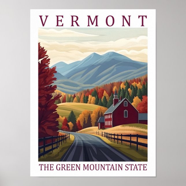 Póster Vermont el Green Mountains State USA Travel Place (Frente)