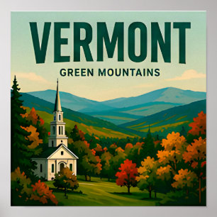 Póster Vermont Green Mountains Viajes a Nueva Inglaterra 