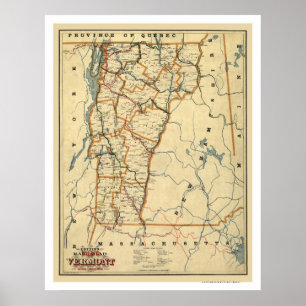 Póster Vermont Railroad & Town Map 1896
