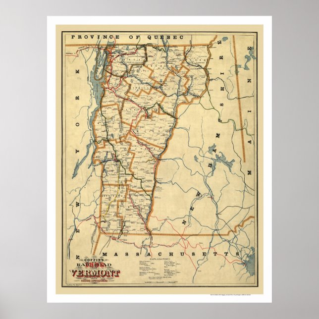 Póster Vermont Railroad & Town Map 1896 (Frente)