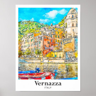 Póster Vernazza Italia Viaje Mano de Esbozo de color de a