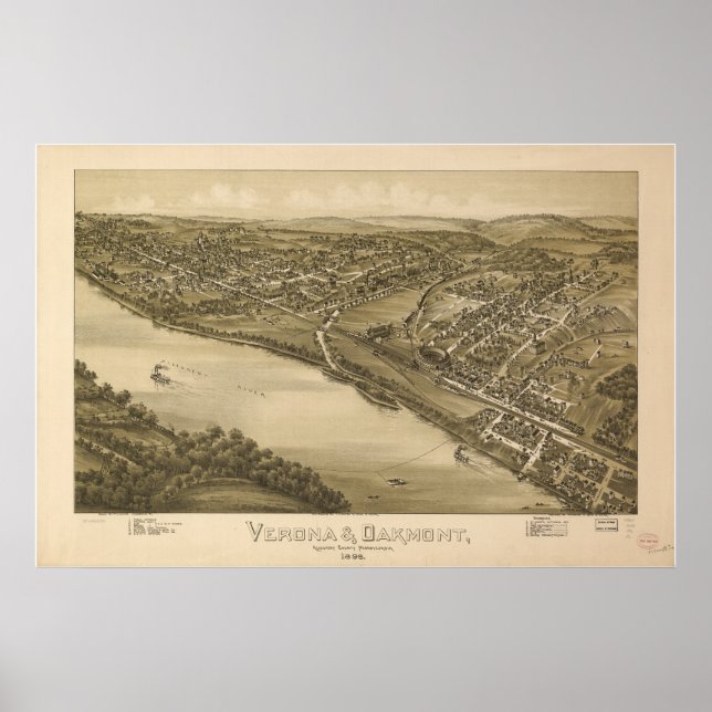 Póster Verona - Oakmont Penn 1896 Mapa Panorámico Antiguo (Frente)