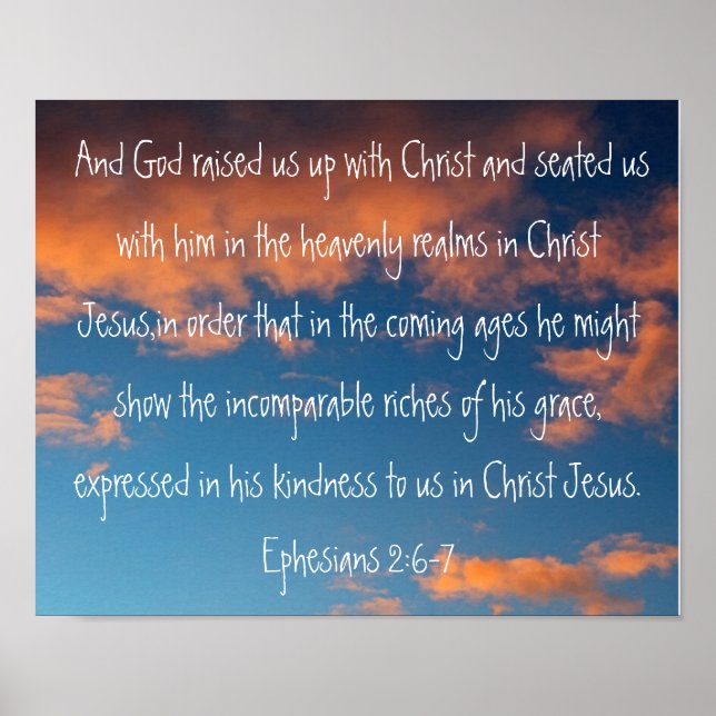 Póster verso biblia Efesios 2:6-7 en un hermoso cielo (Frente)