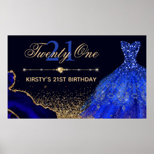 Póster Vestido de acuarela azul y cumpleaños 21 con ágata