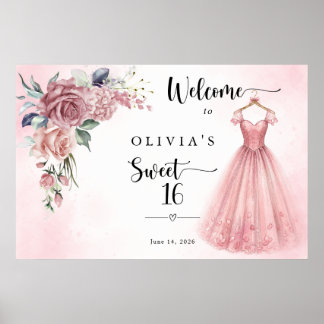 Póster Vestido floral rosa polvoriento dulce 16 Bienvenid