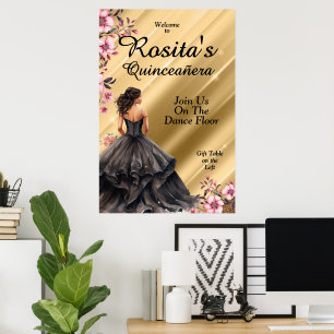 Póster Vestido gris oscuro Cumpleaños 15 Elegante Quincea