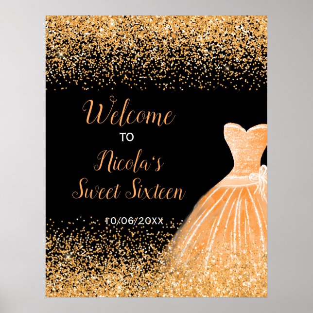 Póster Vestido Naranja Brillo Falso Dulce Bienvenida 16 (Frente)