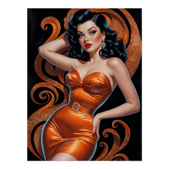 Póster Vestido Naranja Brunette Pin-Up (Anverso)