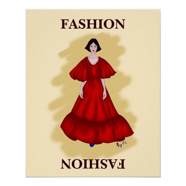 Póster Vestido Rojo en Capas con Ambiente de Moda Onírica (Anverso)