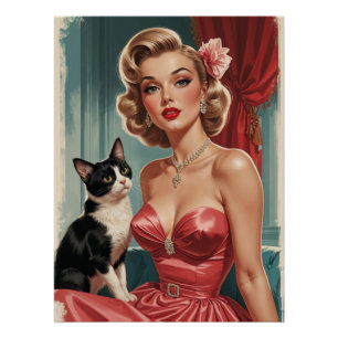 Póster Vestido rosa de color agujereado con gato blanco y