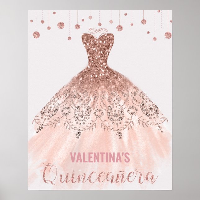 Póster Vestido Rosa Dorado Quinceañera Bienvenida a los 1 (Frente)