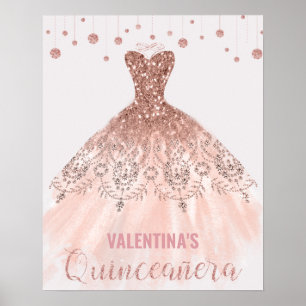 Póster Vestido Rosa Dorado Quinceañera Bienvenida Cumplea