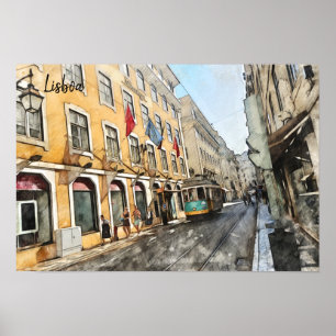 Póster Viajando en el tranvía de Lisboa con tarjeta posta
