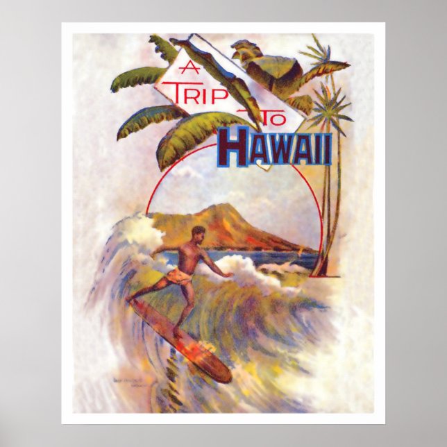 Póster Viaje a Hawaii, navegando en una ola grande, vinta (Frente)