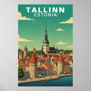 Póster Viaje a la ciudad medieval de Tallinn Estonia Vint