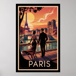 Póster Viaje a París Pareja y Torre Eiffel Vintage