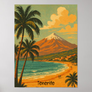 Póster Viaje a Tenerife Isla Canarias Montaña Teide Vinta