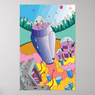 Póster Viaje a un mundo de fantasía en cohete.