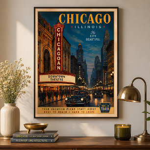 Póster Viaje al Distrito de Teatro Vintage de Chicago