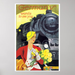 Póster Viaje Alemania del vintage por el anuncio del tren