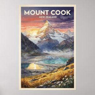 Póster Viaje Antiguo a Mount Cook Nueva Zelanda