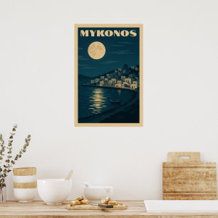 Póster Viaje con estilo Art Decó retro Mykonos Moon