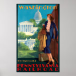 Póster Viaje de Art Deco de Washington<br><div class="desc">Esta es una imagen digitalmente mejorada de un poster de turismo de viajes por el ferrocarril Art Deco de Washington,  Pennsylvania Railroad,  de Edward M. Eggleston. Se ve a una joven saliendo de un tren.</div>