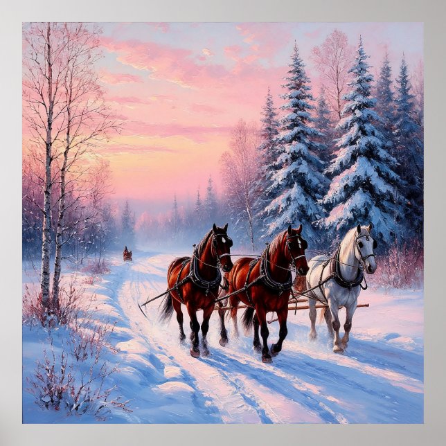 Póster Viaje de caballo por un invierno nevado (Frente)