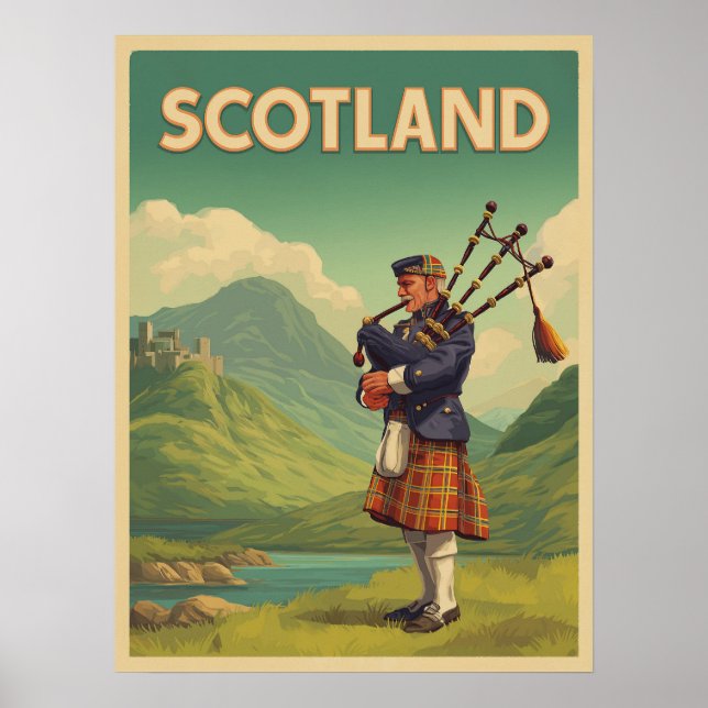 Póster Viaje de cosecha escocesa - Bagpiper de Highland (Frente)