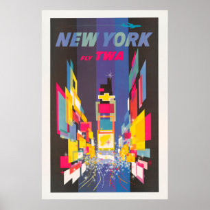 Póster Viaje de época de Times Square colorido en Nueva Y