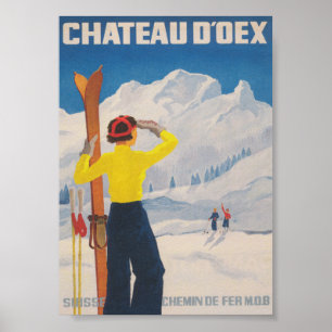 Póster Viaje de esquí de época Chateau D'oex Suiza