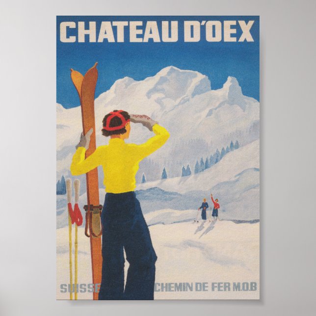 Póster Viaje de esquí de época Chateau D'oex Suiza (Frente)