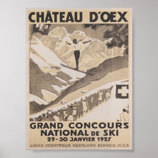 Póster Viaje de esquí de época Chateau D'oex Suiza (Frente)