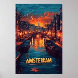 Póster Viaje de Ilustracion de cosecha de Amsterdam Paíse