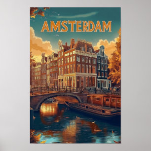 Póster Viaje de Ilustracion de cosecha de Amsterdam Paíse