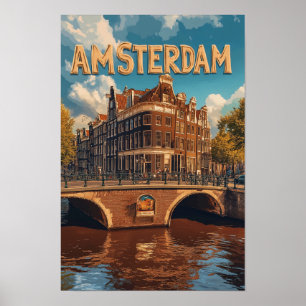 Póster Viaje de Ilustracion de cosecha de Amsterdam Paíse
