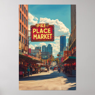 Póster Viaje de Ilustracion de Pike Place Market Seattle