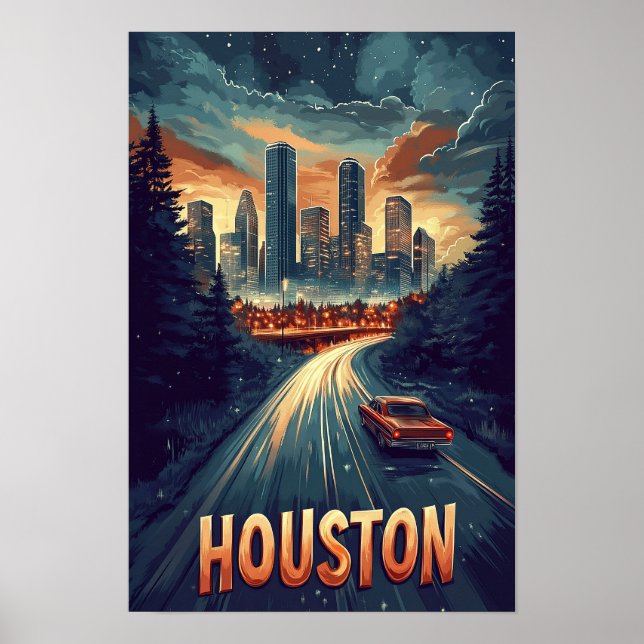 Póster Viaje de Ilustracion Vintage de Houston USA (Frente)