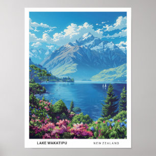 Póster Viaje de Nueva Zelanda por el lago Wakatipu
