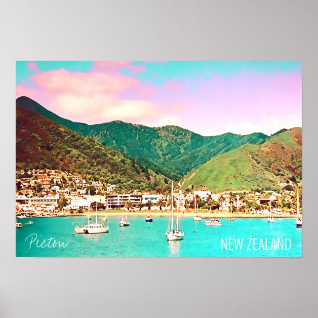 Póster Viaje de Picton Harbor a Nueva Zelanda (Frente)